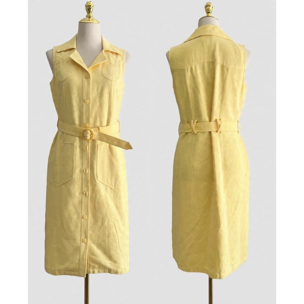 VTG Talbots Pastel Yellow Belted Sleeveless Midi Shirt Dress Utility Safari sz 6